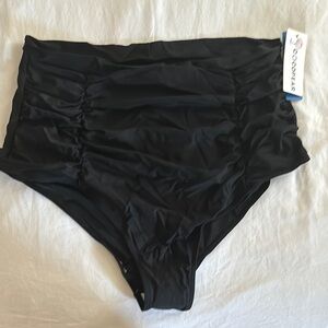 Black ruched bathing suit bottoms.